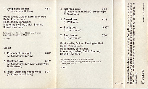 Golden Earring 2nd Live Cassette inlay inner 1981 Netherlands